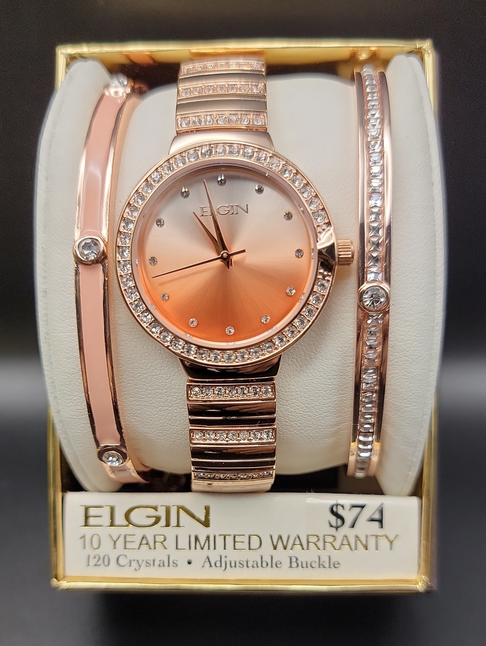 NEW Elgin Women's 3 Piece Rose Gold-Tone Strap 32mm Quartz Watch & Bracelet Set